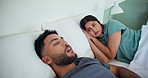 Snore, couple and frustrated with noise in bed for sleep apnea, annoying sound and wake up husband. Sleepless, woman and stress with partner for nasal congestion, unhappy and huffing issue in home