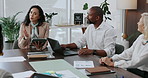 Business people, meeting and tablet with planning for project and accounting with feedback. Employees, seminar or conversation for company review, financial firm and documents with discussion or tech