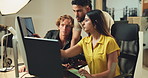 People, teamwork and photography editor in studio for checking image design or creative magazine. Backstage, media or photographers on computer for production, help and digital photoshoot in agency