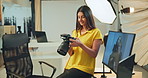 Photography, camera and check with woman in studio for production, creative director or editor. Photoshoot, branding campaign and backstage project with person for catalog and behind the scenes