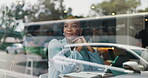 Thinking and smile and business black woman in cafe for  planning, reflection and hospitality manager. Restaurant schedule, vision and coffee shop budget with person for happy, research or idea