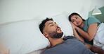 Snore, couple and frustrated with noise in home for sleep apnea, loud sound and wake up husband. Sleepless, woman and annoyed with partner for nasal congestion, stress and huffing issue in bedroom