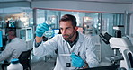 Man, scientist and beaker with chemical for forensic discovery, experiment or exam at laboratory. Male person, science and glass flask with microscope or liquid molecule for scientific test at lab