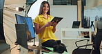 Photographer, tablet and face with woman in studio for production, backstage and magazine campaign. Photoshoot, behind the scenes and creative director with person on set for editing monitor