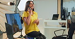 Photographer, phone call and smile with woman in studio for production, backstage and magazine campaign. Photoshoot, behind the scenes and creative director with person on set for editing monitor