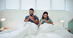 House, bedroom and couple with cellphone, typing and internet for social media, tech or relax. Communication, man or woman with blanket, smartphone or morning with subscription service or digital app