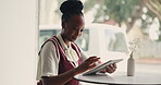 Search, tablet and remote work with black woman in cafe for hospitality manager, research and digital. Reflection, freelancer and restaurant with person in coffee shop for planning, scroll and email