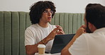 Coffee shop, meeting and business people with collaboration, b2b networking or website discussion. Human resources, teamwork and cafe communication with technology for remote work project ideas