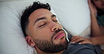 Tired, man and frustrated couple to wake up of snoring problem, sleep apnea and annoying sound. Fatigue, male person and partner insomnia for burnout, nasal congestion and sleepless of noise at house