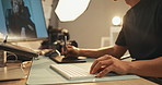 Keyboard, hands and editor retouching in studio for drawing, graphic tablet or typing on computer. Creative art, photographer and man editing picture for design, fashion or post production backstage