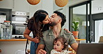 Morning, woman and kiss family goodbye in dining room for greeting, relationship or depart home. Love, baby and mother with bonding for affection, connection and dad with remote work, support or care