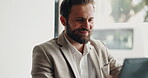 Laptop, smile and remote work with man in cafe for hospitality manager, research and reading. Digital, freelancer and restaurant with business person in coffee shop for planning, web and email