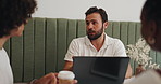Coffee shop, meeting and business people with collaboration, b2b networking or website discussion. Human resources, teamwork and cafe communication with technology for remote work project ideas