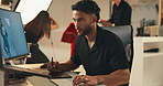 Computer, man and photography editor in studio for drawing or retouching on graphic tablet. Creative art, photographer and editing picture for design, fashion and post production software backstage