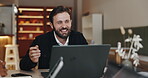 Meeting, cafe and man with laptop, smile and plan for project with tech, sales manager and talking. Corporate, colleagues and discussion for collaboration in restaurant, business and people with web