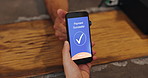 Hands, cafe and person with phone screen for payment success, financial transaction or fintech. Mobile, cashless technology or customer with money transfer for cashier, online banking or pos purchase