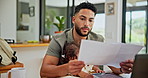 Remote work from home, baby and father with documents, reading and laptop with mortgage. Apartment, dad and kid on lap, computer and bills with rent, childhood and report for tax and family in lounge