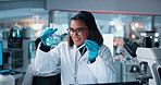 Laboratory, woman and chemical dropper with testing for chemistry, smile and medical research. Biotech, scientist and analysis with liquid inspection for pharmaceutical or pathology experiment