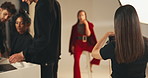 Photography, studio and woman director for fashion photoshoot, backstage production and art. Media, people and camera equipment for creative project in workplace, capture image and process with lens
