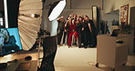 Group, people and photography photoshoot in studio, backstage crew, production process or shooting. Teamwork, model and bts for catalog of photographer casting, fashion magazine and creative industry