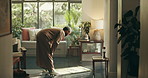 Islamic, bow and man with praying on mat in home for spiritual worship, religious gratitude or muslim faith. Ramadan, person or salah in living room for fasting tradition, respect and praise to Allah