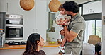 Morning, man and greeting family with kiss for goodbye, relationship and departure for job. Remote work, affection and dad with baby to woman for bonding, security and connection with care and trust