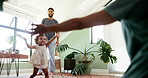 House, walking and parents with baby, celebration and bonding together with growth. Apartment, mother or father with toddler, kid or child development with motor skills, support or learning in lounge
