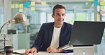 Office, businessman and smile with laptop for information, article research and proofreading story. Career, male person and journalist in creative agency for news publication, blog website or editing