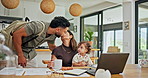 Morning, man and kiss family goodbye in dining room for greeting, relationship or home departure. Woman, baby or dad with bonding for affection, remote work and connection with support, care or trust