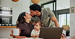 Home, man and kiss family goodbye in morning for greeting, relationship or leaving for work. Love, affection or dad with baby to woman for bonding, security and connection with support, care or trust