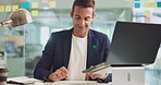 Office, businessman and typing with laptop for email, article research and proofreading information. Smile, male person and journalist in creative agency for news publication, blog website or editing