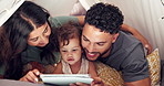 Happy, kid and parents with tablet in tent for watching cartoon, streaming service and educational movie. Fairy lights, people and bonding together with baby in blanket fort for support, love or care