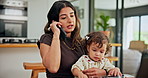 Remote work from home, phone call and mother with child, multitasking and stress with laptop. Family, parent or mama with kid, baby or smartphone with discussion, workflow crisis or talking with tech