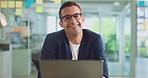 Office, businessman and face with laptop for email, article research and proofreading information. Portrait, male person and journalist in creative agency for news publication, blog website and happy