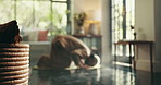 Islamic, prayer and muslim man on living room floor for eid mubarak, God and worship. Salah, hope and Ramadan prostrate with spiritual person praying on mat at home for faith, religion and gratitude