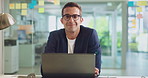 Office, businessman and face with laptop for information, article research and proofreading story. Portrait, male person and journalist in creative agency for news publication, blog website and happy