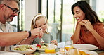 Happy family, eating or dishing with salad for healthy lunch or vegetarian diet at home. Mom, dad or children with plate for serving food, vegan meal or thanks giving dinner with vegetables at house