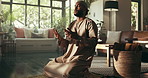 Islamic, prayer and muslim man on floor for eid mubarak, God and living room worship. Salah, hope and Ramadan prostrate with spiritual person praying on mat at home for faith, religion and gratitude