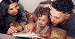 Happy, child and parents with tablet in tent for online scroll, educational app or learning development. Love, people or bonding with baby in blanket fort for connection, playing web games or support