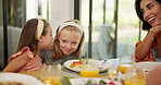 Smile, girls and talk for gossip with lunch for secret, healthy food and nutrition meal. Happy, family and whisper for rumor with salads for bonding together, parent listening and funny joke at house