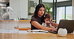 Remote work from home, baby and mama with pc, internet and tech with typing in living room. Apartment, family and parent with kid on lap, laptop and connection with multitasking, email and deadline