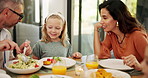 Happy family, eating or dishing with food for healthy lunch, salad or vegetarian diet at home. Mom, dad or children with plate for serving, vegan meal or thanks giving dinner with vegetables at house