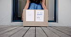 Home, front door and woman with box, delivery and logistics with package, parcel and ecommerce. Cardboard, apartment and consumer with product, person and courier service with shipping order