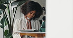 Writing, research and business black woman in cafe for  planning, project and hospitality manager. Restaurant schedule, tablet and coffee shop budget with person for reading, notebook or idea