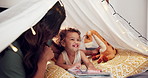 Home, mother and baby with toy, tablet and bonding together with internet, relax and love. Family, apartment and tent with parent, mama and daughter with tech, happiness and laughing with smile