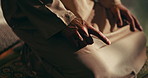 Fasting, prayer and hands of Muslim person in home for blessing, worship and praise to Allah. Religious faith, spiritual and Islamic religion on mat for Ramadan Kareem, closeup and praying for peace