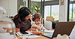 Remote work, baby and mother with tablet, internet and bonding together in living room. House, family and parent with kid on lap, pc and mama with multitasking, email and tech with happiness