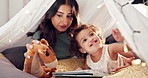 Home, mama and baby with fun, tablet and bonding together with toy, tent and love. Family, apartment and internet with parent, mother and daughter with tech, online game and digital app with smile