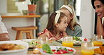 Happy, girls and talk for gossip with lunch for secret, healthy food and nutrition meal. Smile, family and whisper for rumor with salads for bonding together, parent listening and funny joke at house