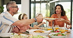 Happy family, eating or dishing with food at dinner table for healthy lunch or vegetarian diet at home. Mom, dad or children with plate for serving, vegan meal or thanks giving together at house